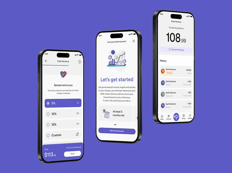 Credit Genie — tip selector, bank linking, and repayment screens