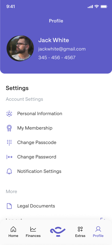 Credit Genie Profile screen — purple header with avatar and contact, Settings list (Personal Information, My Membership, Change Passcode, Change Password, Notification Settings), More section (Legal Documents)